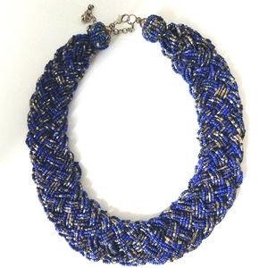 Cobalt Blue Seed Bead and Silver Bugle Bead Braided Choker Necklace
